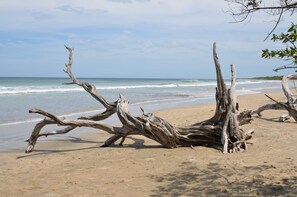 On the beach, sun-loungers, beach towels