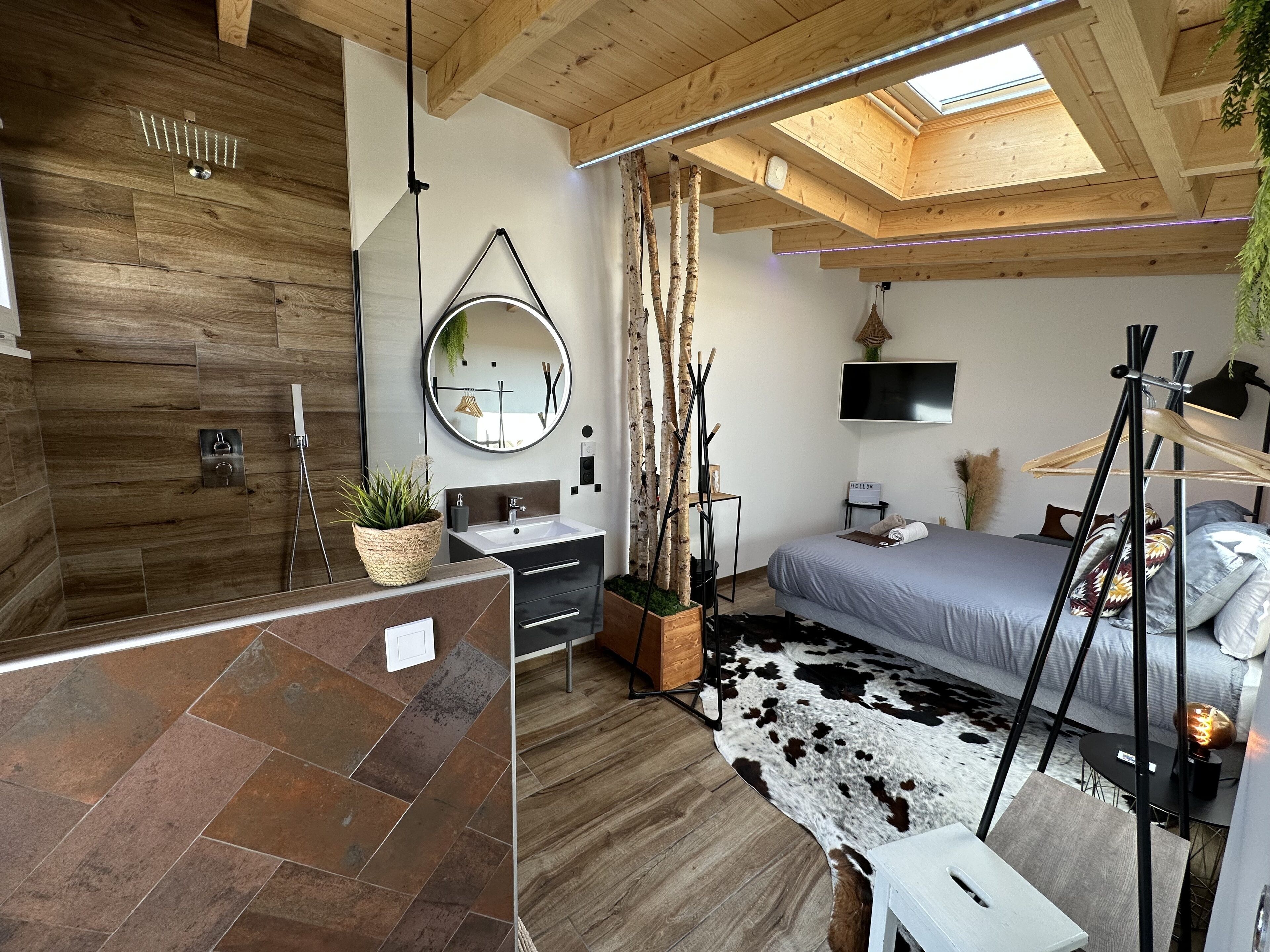 Una camera da letto moderna con un lucernario, un ampio specchio, un tappeto in pelle di vacca e un letto con un televisore sopra.