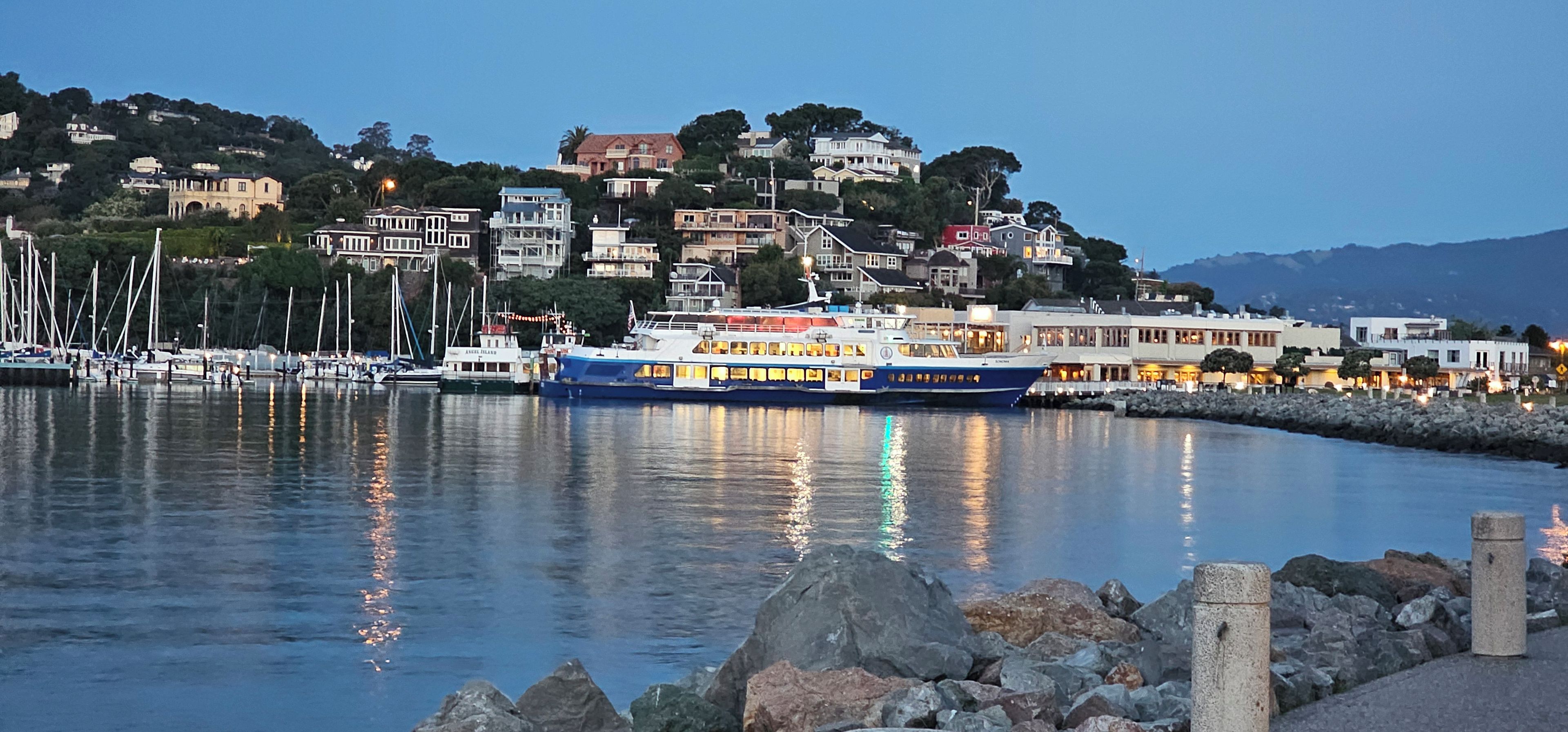 Una ribera con un gran ferry atracado, un puerto deportivo con barcos y edificios en una colina.