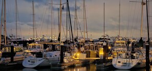 A marina with multiple sailboats docked, a city skyline in the background, and a calm water surface reflecting the boats. - Luxury 2BR with Pool & Panoramic Golden Gate  and Skyline Views (Tiburon)