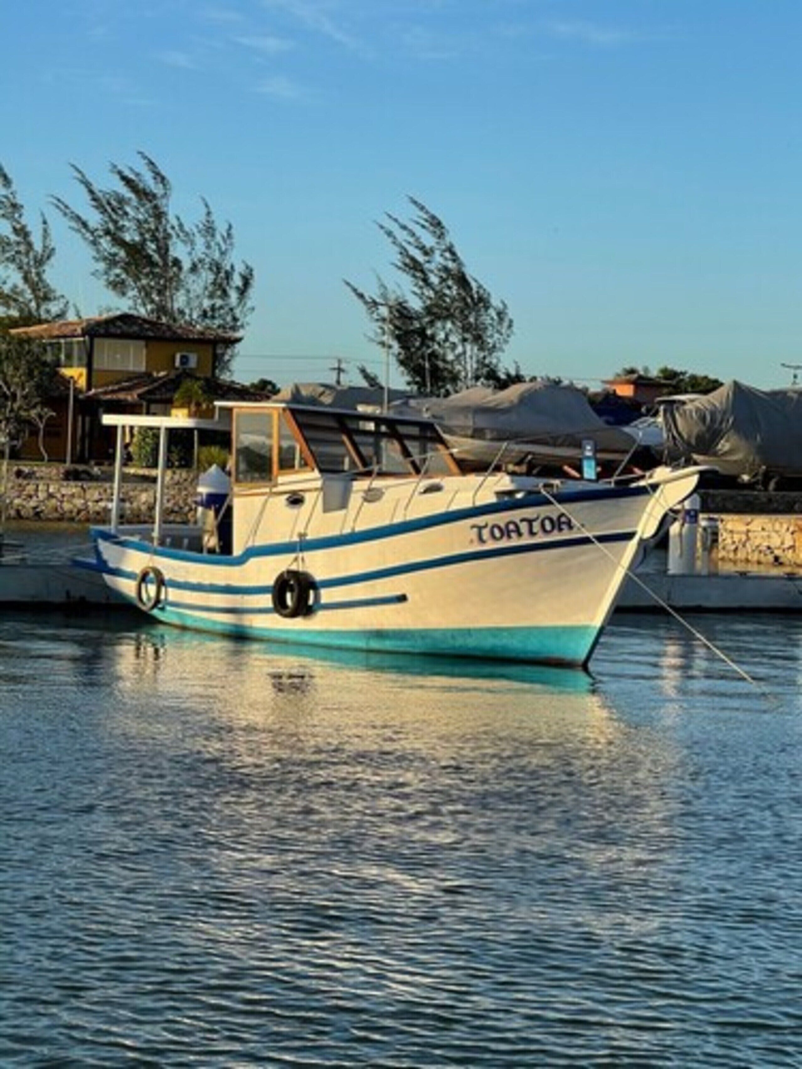 Una pequeña embarcación con el nombre "TOATORA" atracada en un puerto deportivo.