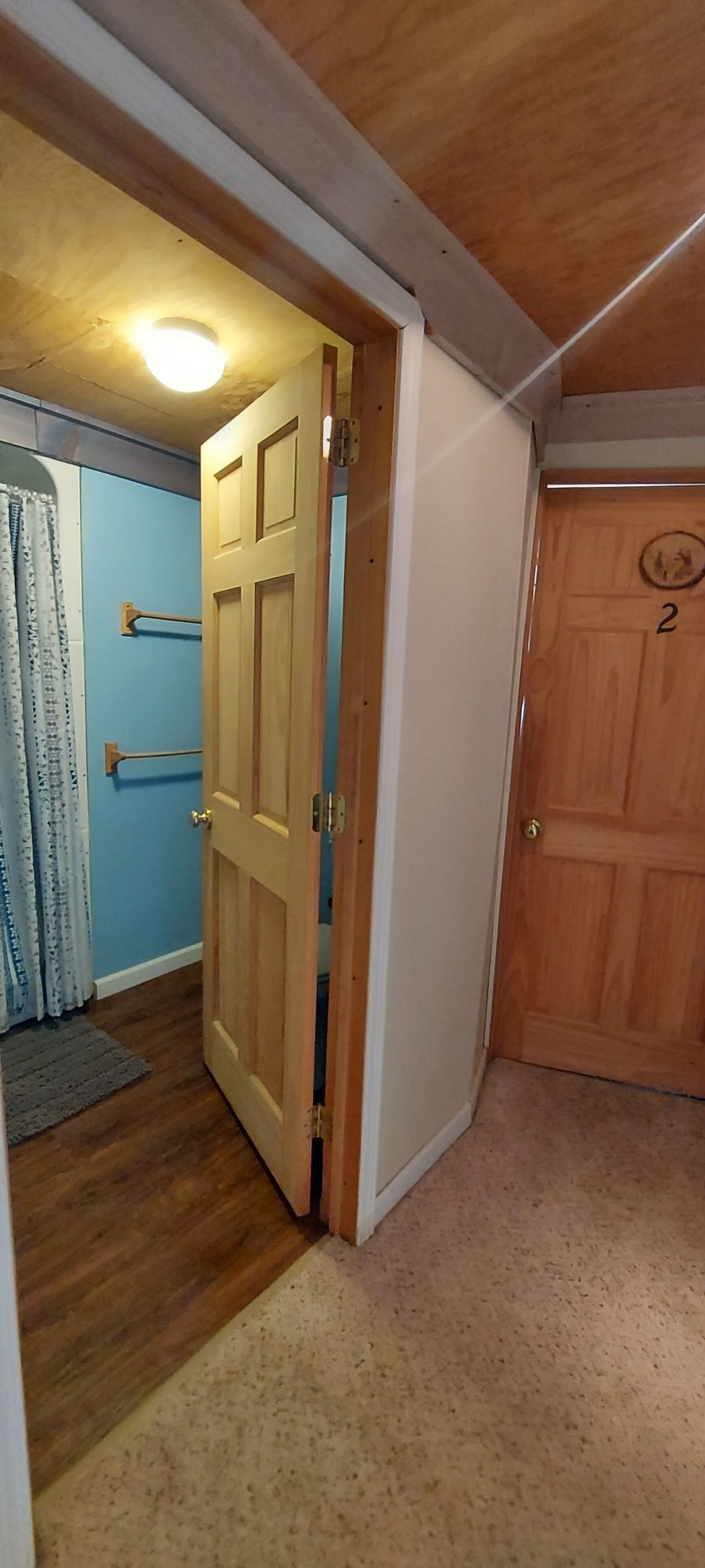 A room with a wooden door, a blue wall, a wooden floor, and a ceiling light.
