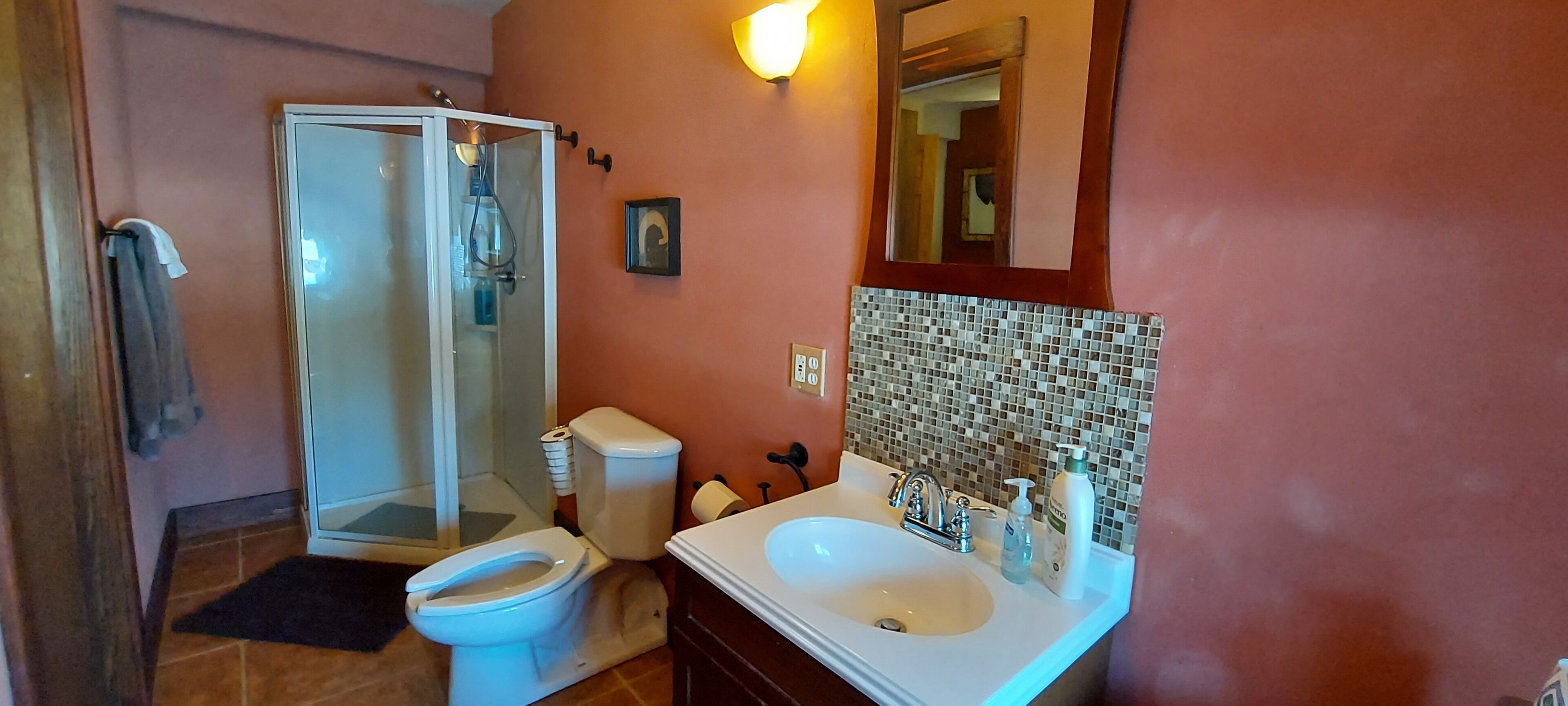 A bathroom with a glass-enclosed shower, a toilet, a sink with toiletries, and a tiled backsplash.