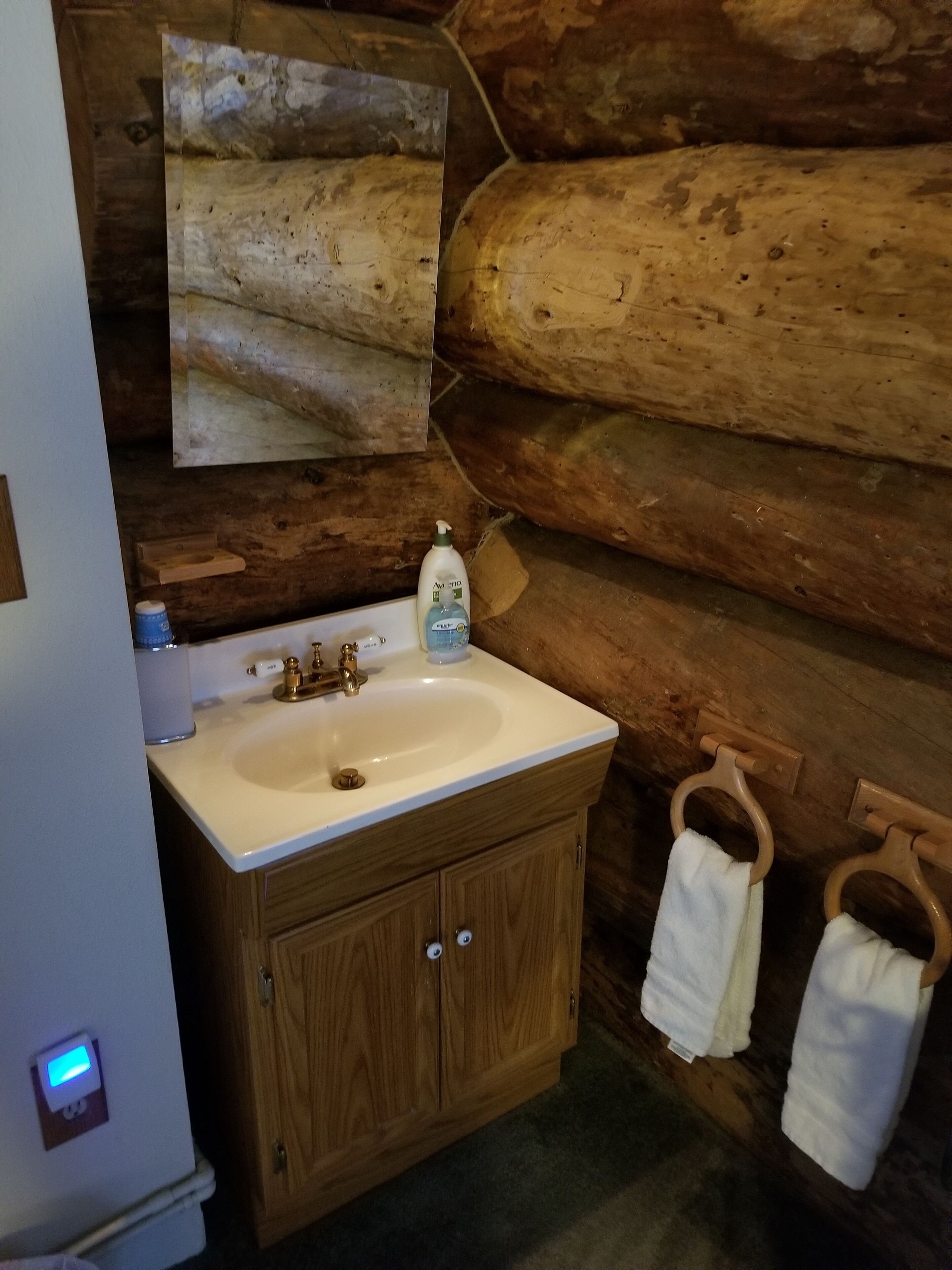 A wooden cabin bathroom with a sink, wooden cabinets, a towel rack, and a wall-mounted picture.