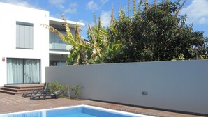 Ein Schwimmbecken mit weißer Wand und einer kleinen Gartenanlage mit Pflanzen und einer Bank.
