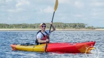 A person in a kayak on a body of water with a beach and vegetation in the background.
