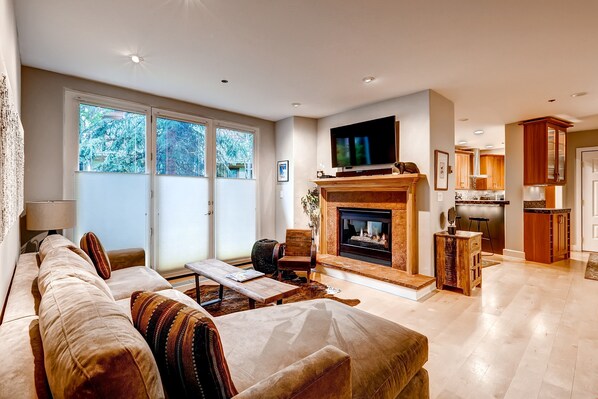 Televisión, chimenea y reproductor de DVD 