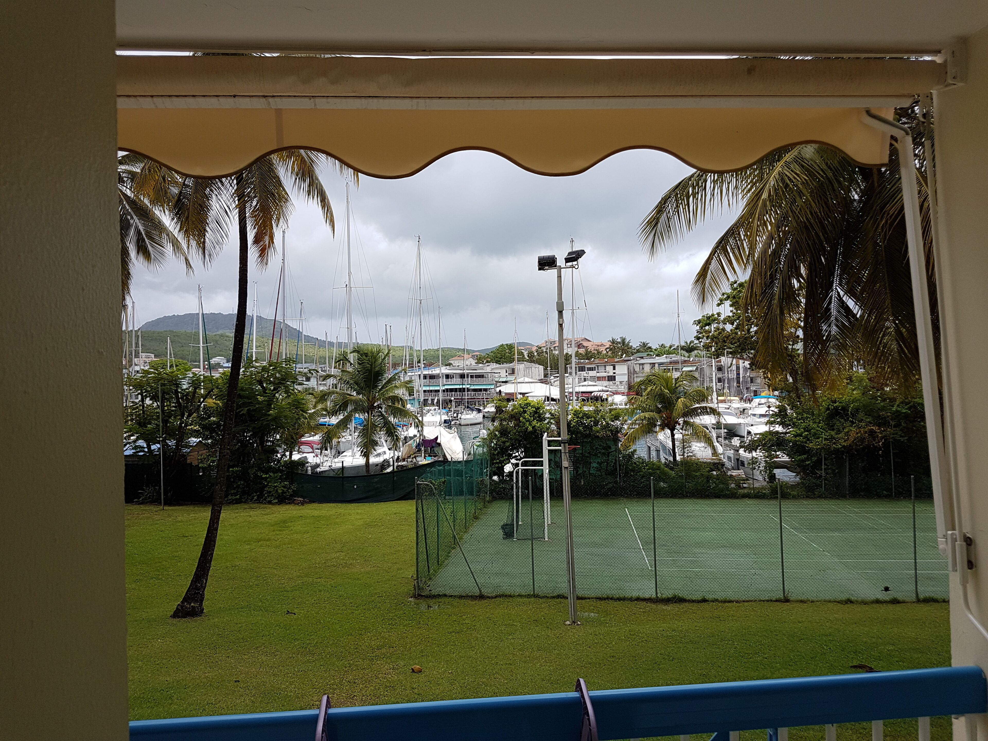 Une vue d’une marina avec des bateaux, un court de tennis et des palmiers.