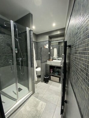 Chuveiro, secador de cabelo, toalhas de banho, papel higiênico