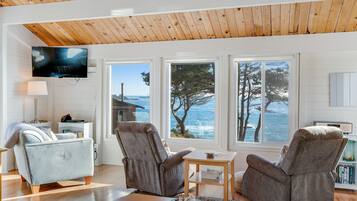 Tv, eldstad, böcker och en stereo