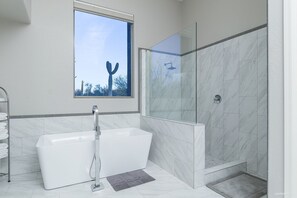 Combined shower/tub, hair dryer, towels