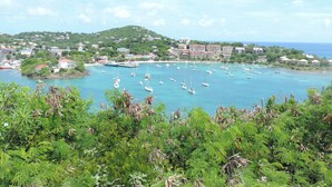 A coastal town with a marina filled with boats, surrounded by lush greenery and buildings. - Grande Bay Resort Condo - Come Stay at 'Sunsets and Breezes' (Cruz Bay)