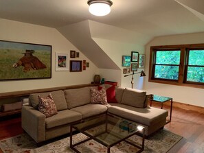 TV, fireplace, books