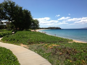 On the beach, sun-loungers, beach towels