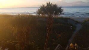 Une vue sur la plage avec un palmier, une terrasse en bois et un panneau indiquant une voie privée.