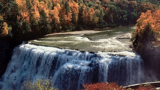 A waterfall cascading over a river surrounded by autumn-colored trees. - Upscale Cozy Cabin in the Woods, LETCHWORTH, Stony Brook Parks, Wineries (Dalton)