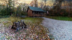 A cabin with a porch, surrounded by trees and a gravel path. - Upscale Cozy Cabin in the Woods, LETCHWORTH, Stony Brook Parks, Wineries (Dalton)