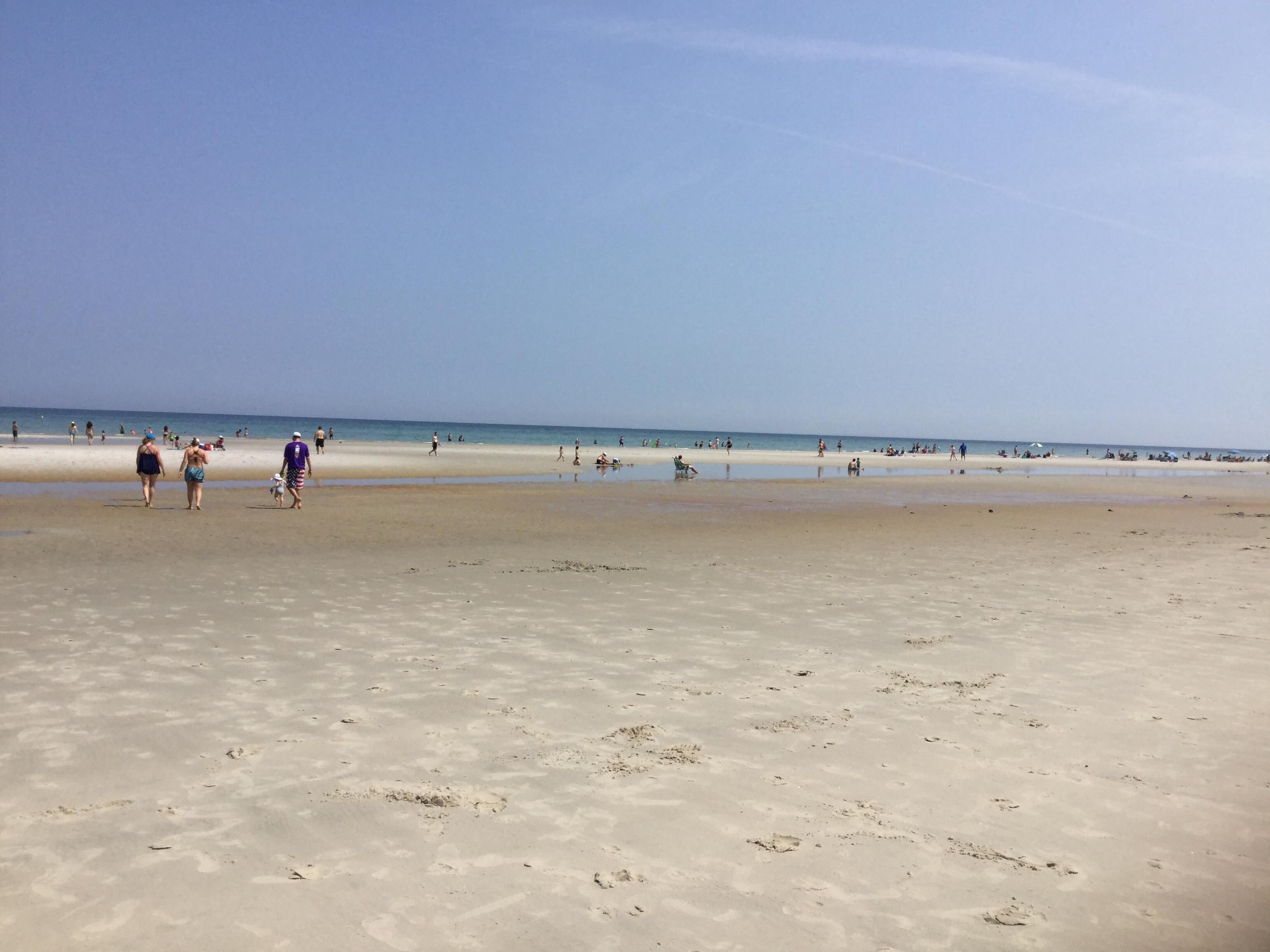 Ein weiter, sandiger Strand mit Menschen, die spazieren gehen und sitzen.