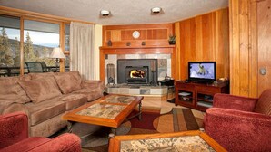 Una sala de estar acogedora con chimenea, televisor y asientos cómodos.