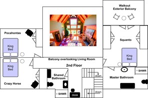 A 2nd floor layout with a balcony overlooking a living room, king beds, a shared bathroom, and a master bathroom.
