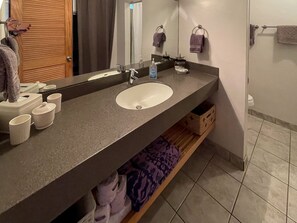 Een badkamer met een grote spiegel, een wastafel en een handdoekhouder. Er staan toiletartikelen op de counter en een handdoekrek met handdoeken.