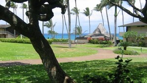 Un resort tropical con vista despejada al océano, palmeras y una edificación con techo de paja.