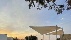 Un área de piscina con un muro de piedra, una pérgola y flores de colores.