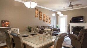 Plasma TV, fireplace, DVD player