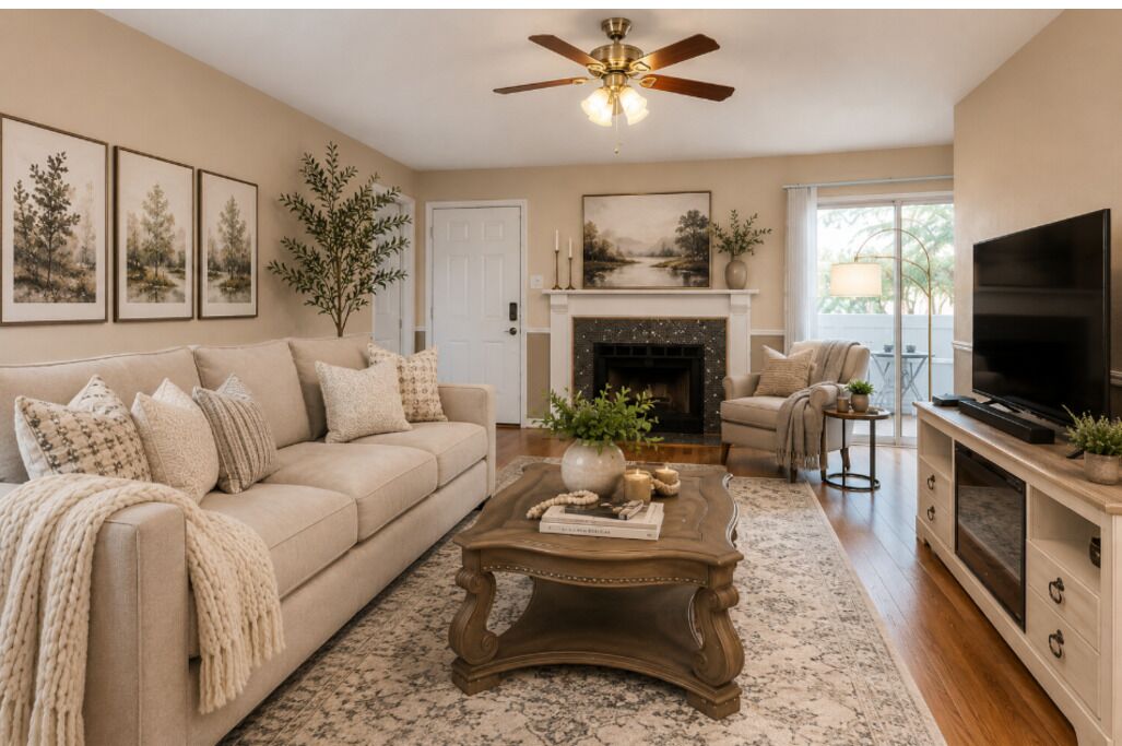 Plasma TV, fireplace, DVD player