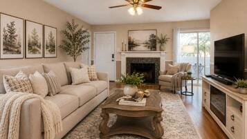 Plasma TV, fireplace, DVD player