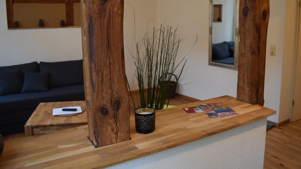 A wooden coffee table with magazines, a potted plant, and a candle. - Stella Apartments (Erfurt)