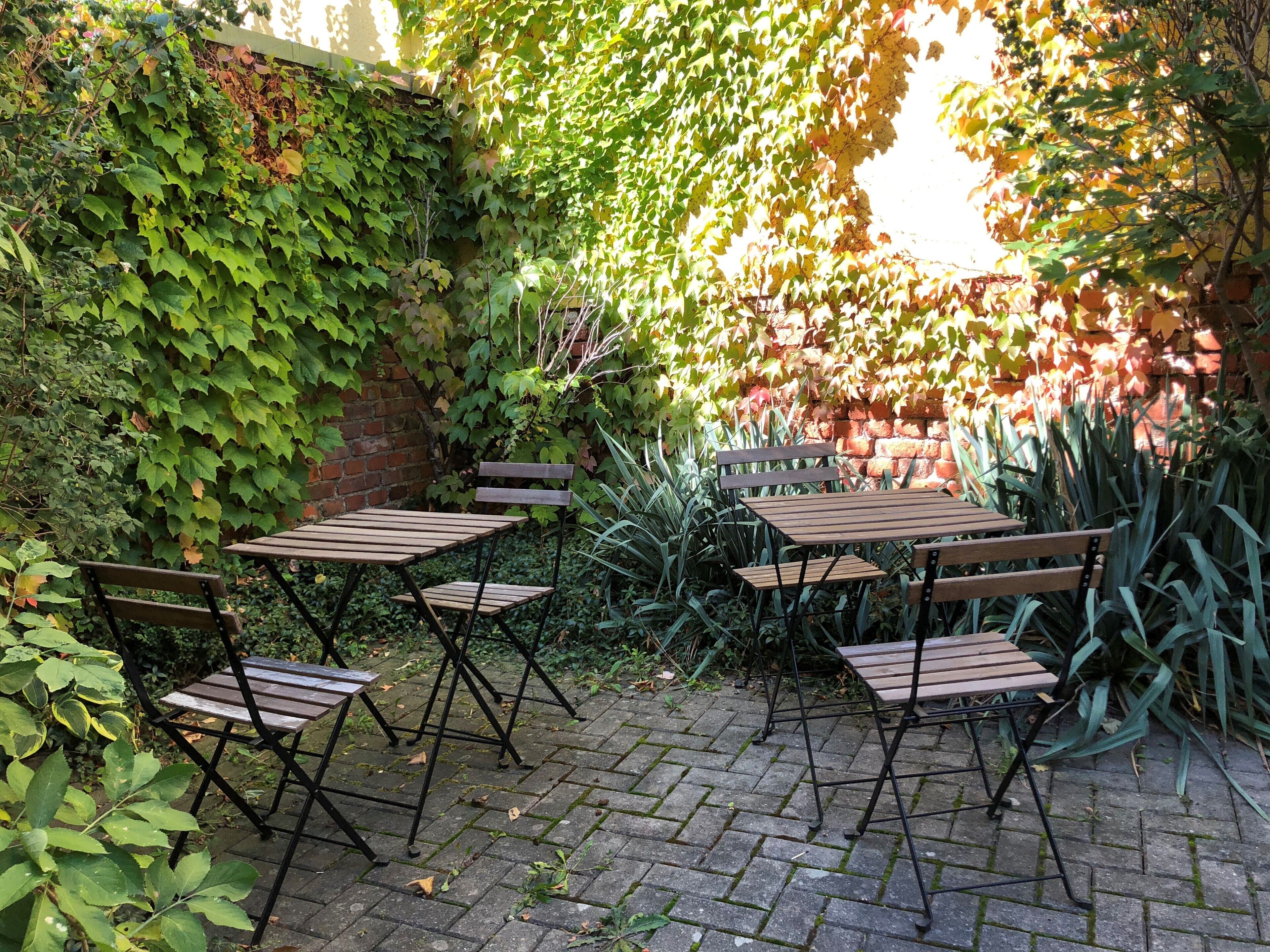 Un patio con mesas y sillas de madera, rodeado por un muro de ladrillo y abundante vegetación.