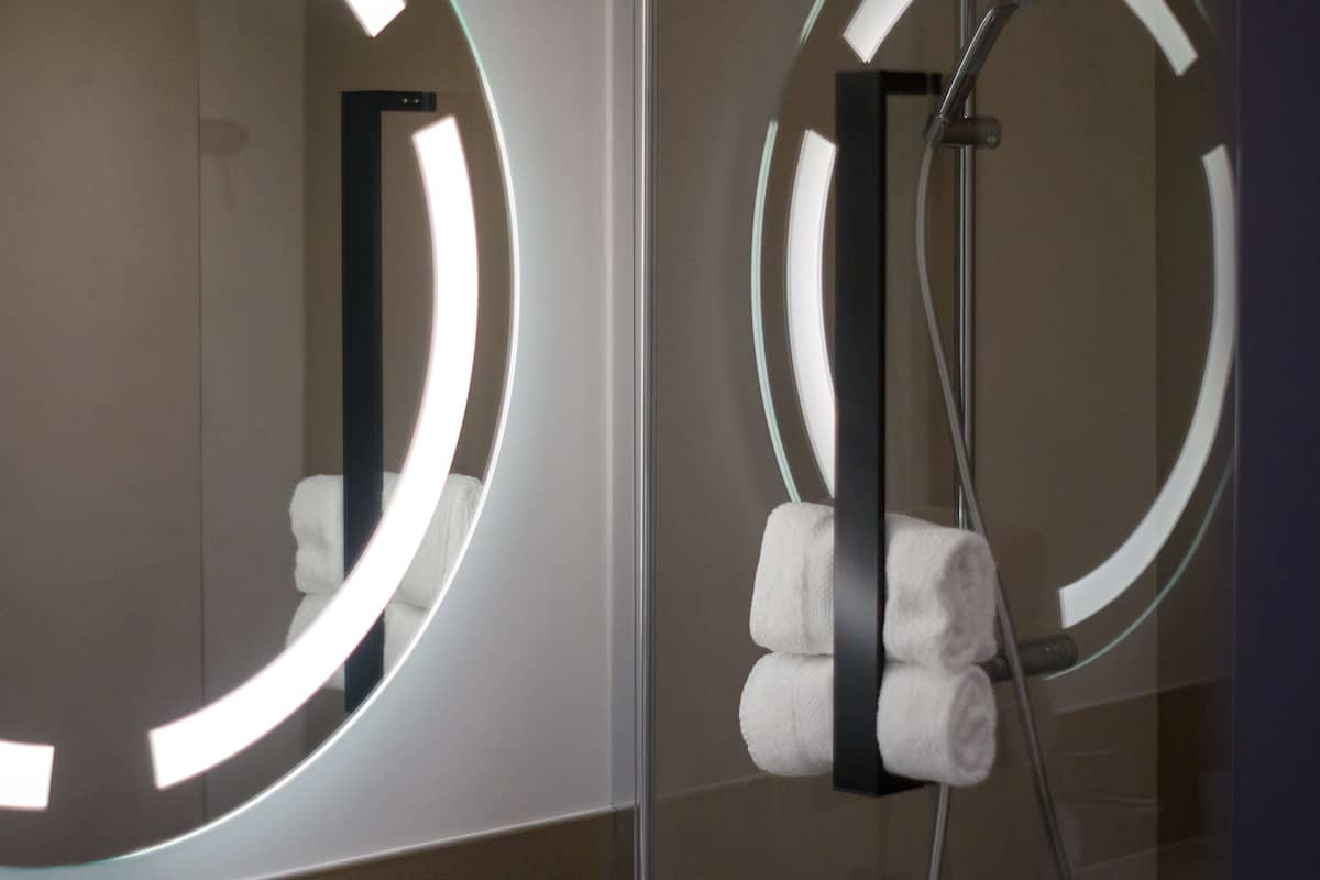 eco-friendly toiletries, hair dryer, towels, soap