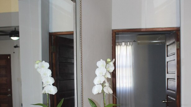 A hallway with a mirror, a potted orchid, and a wooden tray on a console table. - Ladyville 2Bed 2Bath (Ladyville)