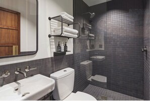 Shower, rainfall showerhead, hair dryer, towels