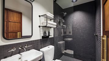 Shower, rainfall showerhead, hair dryer, towels