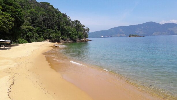 A beach with clear water, sandy shore, and a forested hill in the background. - Pousada Japariz (Angra dos Reis)