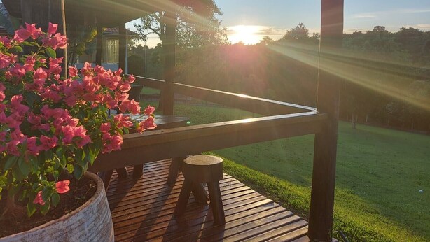 Una terraza de madera con una planta en maceta y un taburete pequeño, con vista a un área verde y un atardecer de fondo.