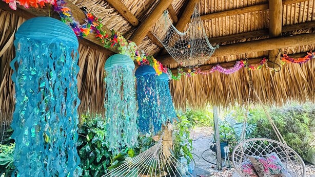 A thatched-roof structure with hanging hammocks and a patterned fabric on the floor. - Clothes optional Tranquil Private room Paradise. In Fort Lauderdale. LGBTQ+ ❤️ (Oakland Park)