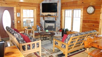 Smart TV, fireplace, DVD player, books