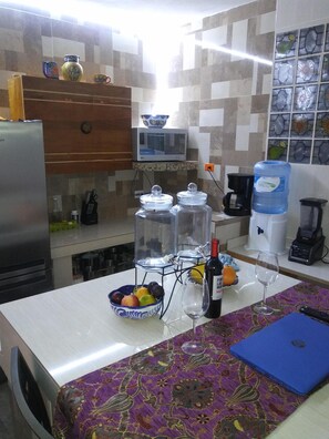 Fridge, microwave, coffee/tea maker, toaster