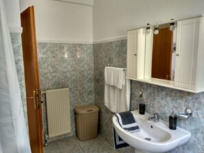 Tina con regadera, secadora de cabello, bidet, toallas 