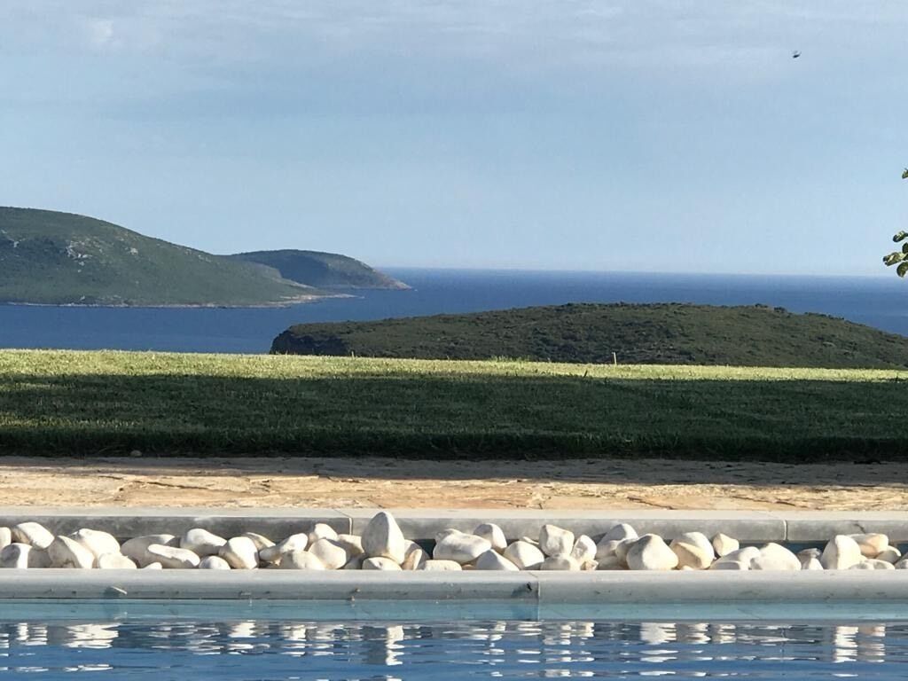 A pool with a view of the ocean and a grassy area.