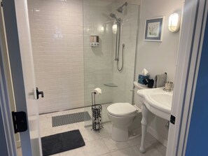 Regadera, secadora de cabello, toallas, jabón 