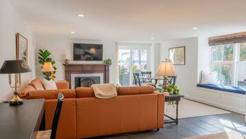 Smart TV, fireplace, books