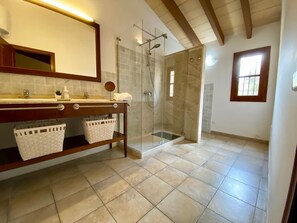 Combined shower/tub, hair dryer, towels