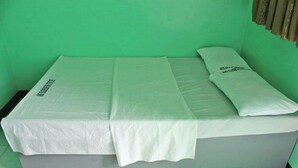 A single-bed room with a grey mattress and white bedding, green walls, and a window with curtains. - Bulalo Mangrove Inn (Calapan)