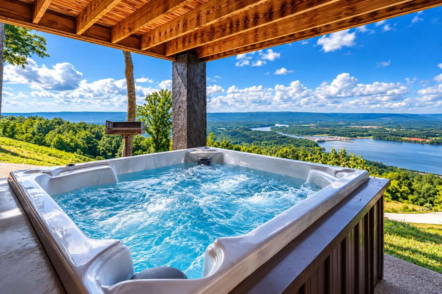 A hot tub with a view of a lake and surrounding landscape.