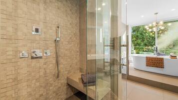 Bathtub, jetted tub, hair dryer, towels
