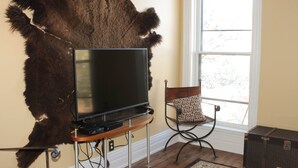 Quarto com televisão presa na parede, uma cadeira com almofada estampada e um tapete de pele grande no chão.